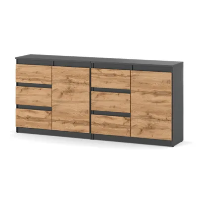 Zdjęcie produktu dla Komoda Zestaw 160 cm Antracyt Dąb Wotan 6 Szuflad 2 Drzwi Duża do Salonu Loft BILLY JUNIOR AZTeam