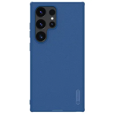 A blue phone case with a camera cutout is shown against a white background.