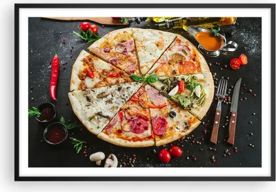 Produktbild von Gerahmtes Poster - Schwarzer Rahmen - Pizza Käse Tomaten - 91,5x61 cm - Wand Bild - Wanddeko - Wandbilder - Kunstposter - Wandposter - Bilderrahmen - Bilder - Kunstdruck - Wandbild - P2BAA91x61-4118