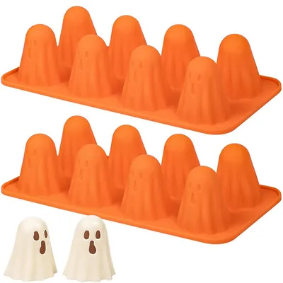 Produktbild von Motivbackformen, 2 orangefarbene Geister-Silikon-Schokoladenformen ,-40°C bis +230°C, spülmaschinenfest, für Schokolade, Gelee, Eiswürfel