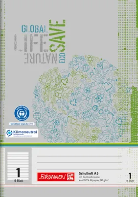 Image de BRUNNEN 104518101 Cahier d'écolier recyclé A5 11 lignes, linéales de contraste, toutes les écritures de sortie, lin. 1 gris-vert