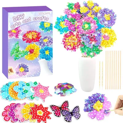 Productafbeelding van Knutselset bloemenboeket, geschikt voor kinderen vanaf 4 jaar. Paars creatief set met glitters