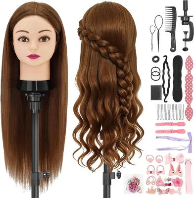 Image de Tête de mannequin de 60 cm, en 80% de cheveux naturels, de couleur marron naturel, pour coiffeurs