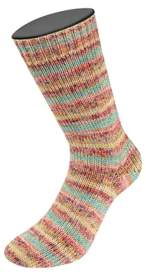 Produktbild von Lana Grossa - Meilenweit 100g Merino Extrafine Mountain 7602 rot gelb türkis orange ecru dunkelgrau gestreift