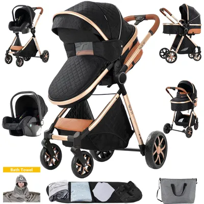 Produktbild von SDBABY Kombikinderwagen 3 in 1, Kunstleder, faltbar, One-Click, Schwarz-Gold