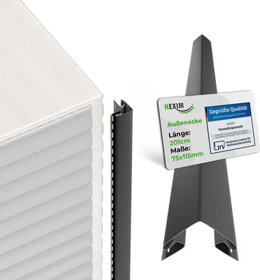 A product shot showing a corner profile for siding panels, along with a close-up of the panel edge and a marketing sign with product details.