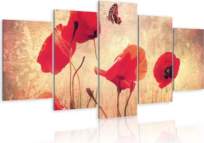 Produktbild von Leinwandbilder Blumen 200x100 cm Vlies Leinwandbild 5 tlg Kunstdruck modern Wandbilder XXL Wanddekoration Design Wand Bild - Mohnblume Schmetterling Betonoptik 030110-5