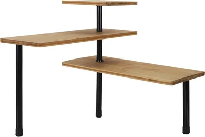 A three-tiered shelf unit made of bamboo and black metal legs, shown against a white background.
