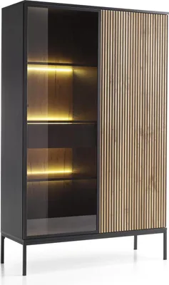 A modern vitrine with a black frame and wooden slatted doors, illuminated by LED lights.