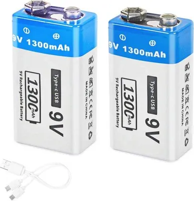 Zdjęcie produktu dla Akumulatory 9 V z interfejsem USB-C – akumulatory litowo-jonowe o pojemności 1300 mAh do czujników dymu – szybkie ładowanie – 2 sztuki