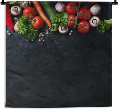 Produktbild von MuchoWow® Wandteppich Wandbehang Gemüse - Kräuter - Gewürze - Schwarz - Rustikal - Küche 120x120 cm Tapisserie Dekoration Wandtuch - Modern - Baumwollgewebe