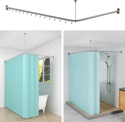 Imagen del producto de Barra para cortina de ducha en forma de L, ajustable, de acero inoxidable SUS304, de 100-120 x 100-190 cm, con 16 anillas
