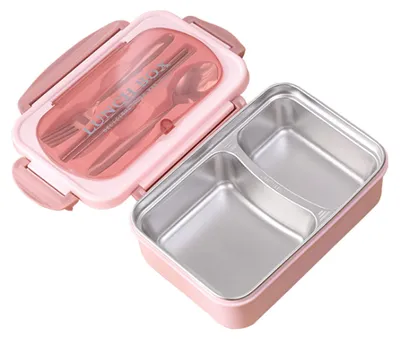 Edelstahl-Lunchbox, 2 Fächer, auslaufsicher, mit Besteck, rosa