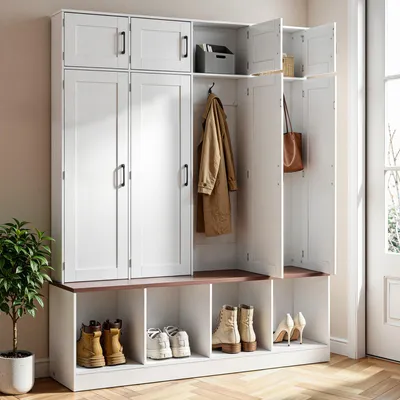 Produktbild von VEVOR Garderobenständer 1495x380x1871 mm, 4-in-1 Garderobe mit Sitzank, Haken, Aufbewahrungsschrank und Schuhschrank, Flurgarderobe Holzmöbel für Eingangsbereich, Diele, Flur, Weiß