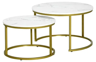 Produktbild von 2er-Set Couchtisch, Runder Beistelltisch, Kaffeetisch mit Stahlgestell in Gold, stapelbar, Sofatisch mit Marmoroptik, für Wohnzimmer, bis 30 kg belastbar, Weiß