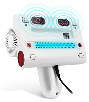 A close-up, angled view of a white mattress cleaner with red accents and blue light effects.