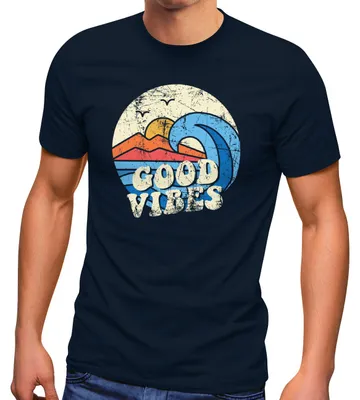 Produktbild von Herren T-Shirt Good Vibes Welle Hippie Slogan Statement Surf Design Vintage Retro Fashion Streetstyle Neverless® navy 5XL