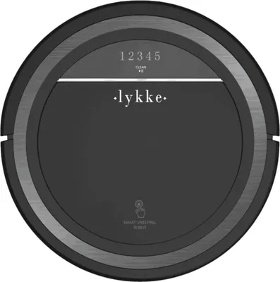 A top-down view of a black robot vacuum cleaner with a digital display and brand logo.