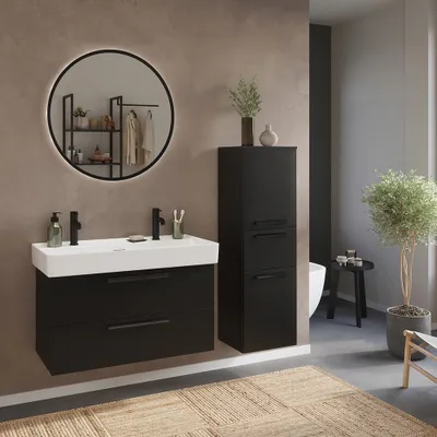 Produktbild von Badmöbel Set 3-teilig Waschtisch für 2 Armaturen, Spiegel rund und Midischrank in Beige - ATELLA-03