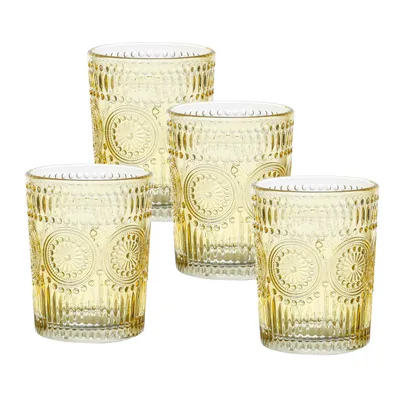 Trinkgläser Vintage - Glas - lebensmittelecht - 280ml - H: 10cm - mit Muster - gelb - 4er Set