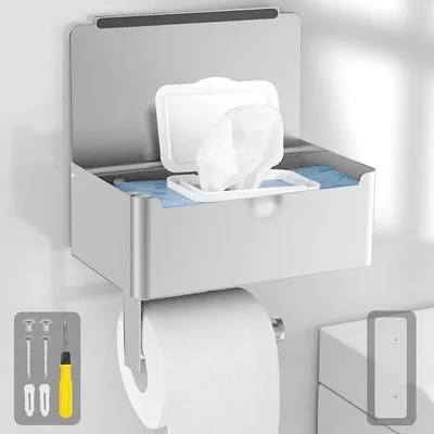 Produktbild von Bohrfreier Toilettenpapierhalter mit Ablage, Toilettenpapierhalter aus Edelstahl 304 mit Feuchttuchbox, Badezimmer, Toilette, Küche, wandmontierte Toilette, gebürstetes Silber.