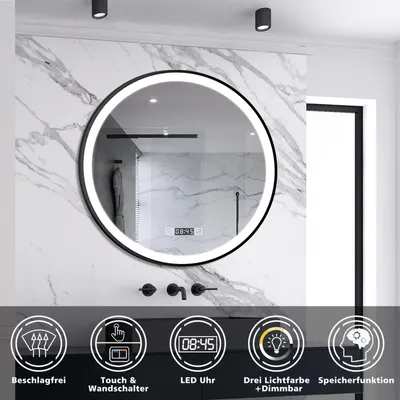 Produktbild von AICA LED Badspiegel Rund 70cm Touch/Wandschalter Beschlagfrei Uhr 3 Lichtfarbe+Dimmbar Badezimmerspiegel mit Schwarz Rahmen Wandspiegel IP44