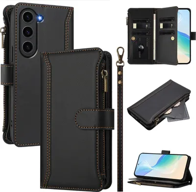 Produktbild von Handyhülle für Samsung Galaxy S23 Plus Reißverschluss Geldbörse Kunstleder Klapphülle mit Kartensteckplatz, Ständer, Handschlaufe Schwarz