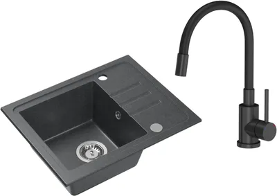 Produktbild von VBChome Spülbecken Granit Schwarz mit Armatur 55 x 44 cm Einzelbecken Einbauspüle Gesprenkelt Reversibel Granitspüle Siphon Waschbecken Armatur