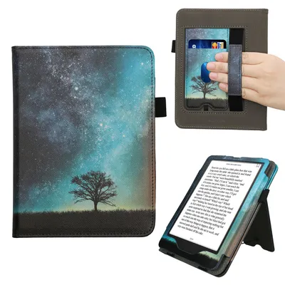 Produktbild von kwmobile Flip Cover kompatibel mit Amazon Kindle Paperwhite (2024)/Colorsoft - Hülle mit Handschlaufe Galaxie Baum Wiese Blau Grau Schwarz