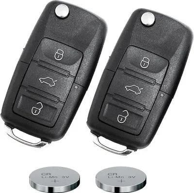 Two black car key fobs and two coin cell batteries are shown against a white background.