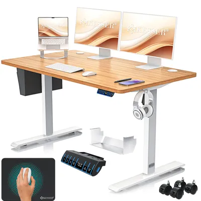 Immagine prodotto di Scrivania KESSER® elettrica e regolabile in altezza, scrivania per computer ergonomica per lavorare in piedi o seduti, 3 impostazioni di memoria, rotelle a 360°, porta di ricarica USB, 140x70 cm, beige