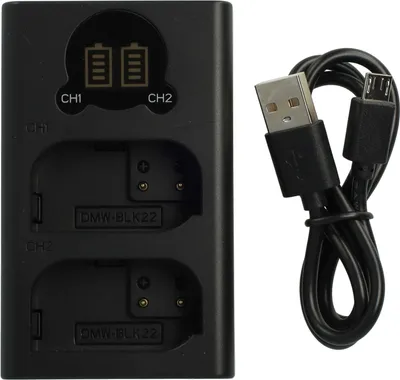 Produktbild von vhbw Dual Micro-USB + USB-C Ladegerät kompatibel mit Panasonic Lumix DC-GH6, DC-GH5S Kamera - Ladeschale + Micro-USB Kabel Ladeanzeige + Display