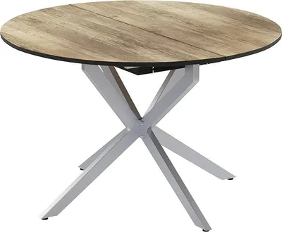 A round dining table with a wood-look top and a metal base.