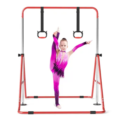 Obrázek produktu pro COSTWAY gymnastická tyč pro děti, hrazda se 4 výškami a gymnastickými kruhy, gymnastická tyč pro vnitřní i venkovní použití, rozšiřitelná gymnastická hrazda pro děti ve věku 3–12 let