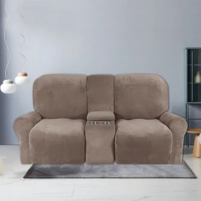 Produktbild von 8-teiliger Stretch Samt Hussen Recliner Sofabezug mit Getränkehaltern,Dicke Plüsch Liegesofa 2-Sitzer Recliner-Abdeckung,Taupe