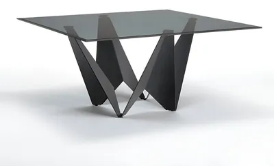 Produktbild von Geometrischer Esstisch mit Glasplatte und schwarzem Metallgestell
