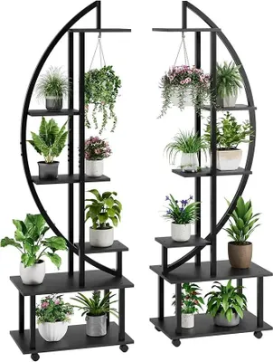 Image de Lot de 2 supports pour fleurs - Étagère à plantes à 6 niveaux - Support haut pour pots de fleurs - Avec roulettes amovibles - Intérieur/extérieur - Bois