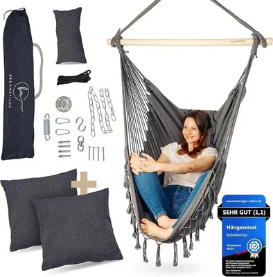 Imagen del producto de Silecomplaza BELLAMATILDA®: Silla colgante con 3 cojines + accesorios de montaje de 360° - Hamaca colgante XXL para interior y exterior, apta para adultos y niños. Silla colgante/hamaca con capacidad de hasta 150 kg, ideal para jardín, salón, balcón (o terraza)