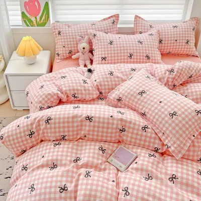 Produktbild von Bettwäsche 135x200 cm Rosa Karo Schwarz Herzen Schleifen Mikrofaser 2-teilig