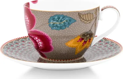 Produktbild von PIP STUDIO Blooming Tales Khaki Tasse mit Untertasse 0,3l