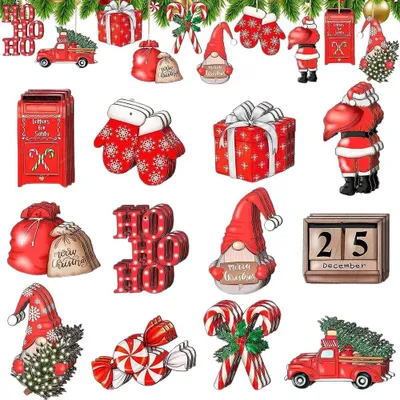 24 Holz-Weihnachtsbaumanhänger mit Juteschnur, rot, traditionell
