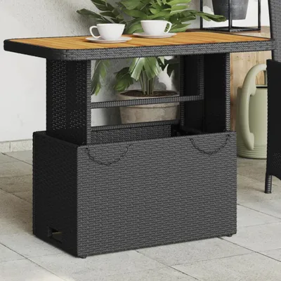 Produktbild von Design Gartentisch Schwarz 90x55x71 cm Poly Rattan und Akazienholz, Gartentische 2024 Neu