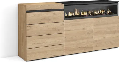 Produktbild von Kommode mit Schubladen, 157x35x75 cm, Für Schlafzimmer, Elektrokamin, Eiche farbe