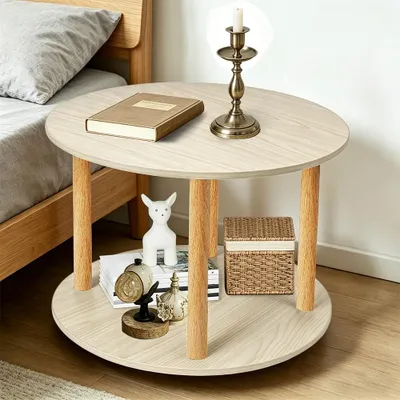 Produktbild von Beistelltisch Couch Mit Rollen, Couchtisch Rund Klein, Nachttisch Aus Holz,Mit Doppelschichtiger Holzplatte, Für Schlafzimmer Und Wohnzimmer, beige