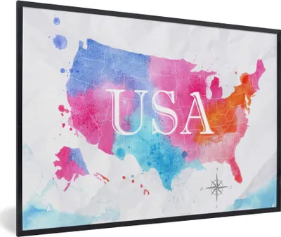 Produktbild von MuchoWow® MuchoWow® Gerahmtes Poster Amerika - Weltkarte - Aquarell 30x20 cm - Poster mit zchwarzem Bilderrahmen - Kunstdruck - Bild-Poster