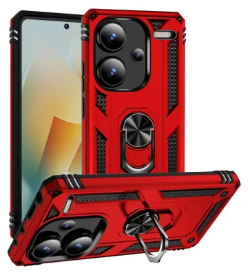 A red phone case with a ring holder is shown from multiple angles against a white background.