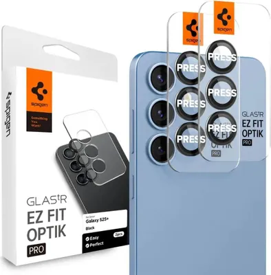 A product packaging for Spigen Samsung Galaxy S25 Plus Glas.tR EZ Fit Optik Pro HD Lens Protector.