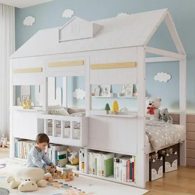 Zdjęcie produktu dla Łóżko piętrowe dla dzieci, 90x200 cm, białe, wykonane z drewna sosnowego, MDF i sklejki, z półką na książki i stelażem