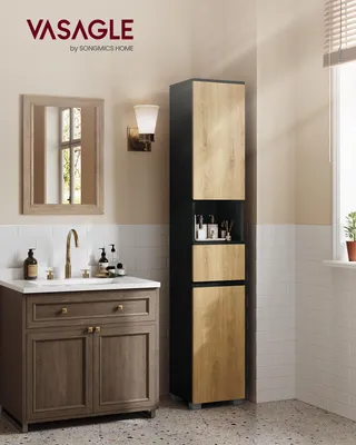 Produktbild von VASAGLE Badschrank, Badezimmermöbel mit Schublade, verstellbare Ablagen, offenes Fach, 30 x 30 x 170,2 cm, schwarz-braun