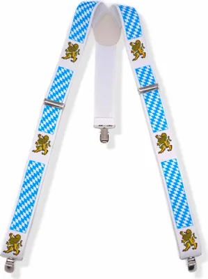 Produktbild von bayerischer Hosenträger BAVARIA II mit Löwen-Wappen und bayerischem Rautenmuster blau/weiß